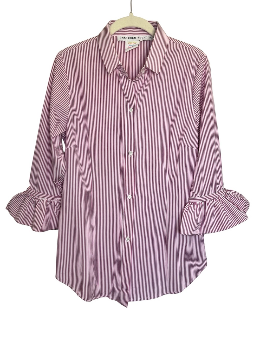 Gretchen Scott Pink White Stripe Ruffle Cuff Button Up Blouse S Preppy Coastal - Picture 2 of 8
